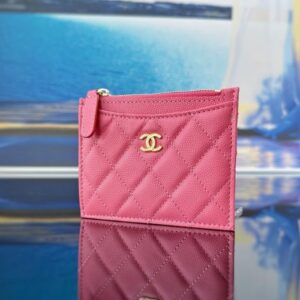 [국내배송]샤넬 클래식 지퍼 카드지갑 캐비어 핑크 금장